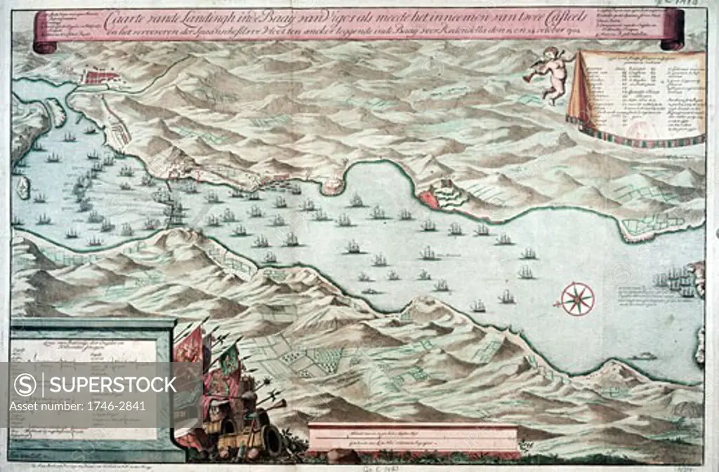 Battle of Vigo Bay, Spain, 12 October 1702. Spanish treasure fleet defeated by combined English and Dutch fleets. War of the Spanish Succession 1701-14.  Dutch plan of the engagement. Bibliotheque Nationale, Paris.
