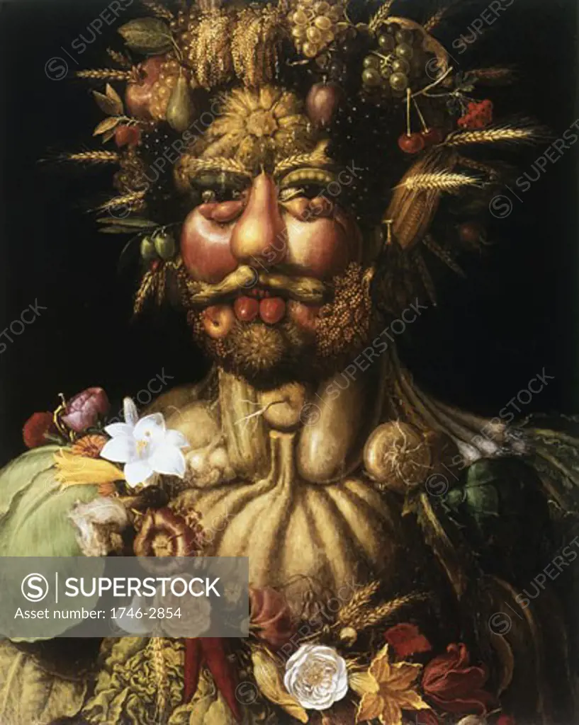 Rudolf II (Vertumnus), c1590, Holy Roman Emperor as Vertumnus, ancient Roman god of seasons, Giuseppe Arcimboldi (1527-1593/Italian), Oil on canvas, Skoklosters, Balsta, Sweden