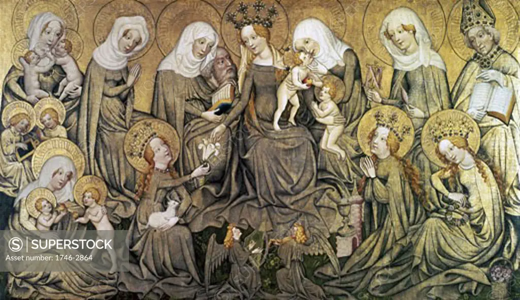The Ortenberg Altarpiece c1410-20 Centre panel: Virgin and Child surrounded by Saints, Anne, Elizabeth, Mary Cleophae, Mary Salome, Agnes (with Lamb) Barbara (with Castle) Dorothy (with Roses) Ismeria. Children are Christ's cousins. St Servatius, Ismeria
