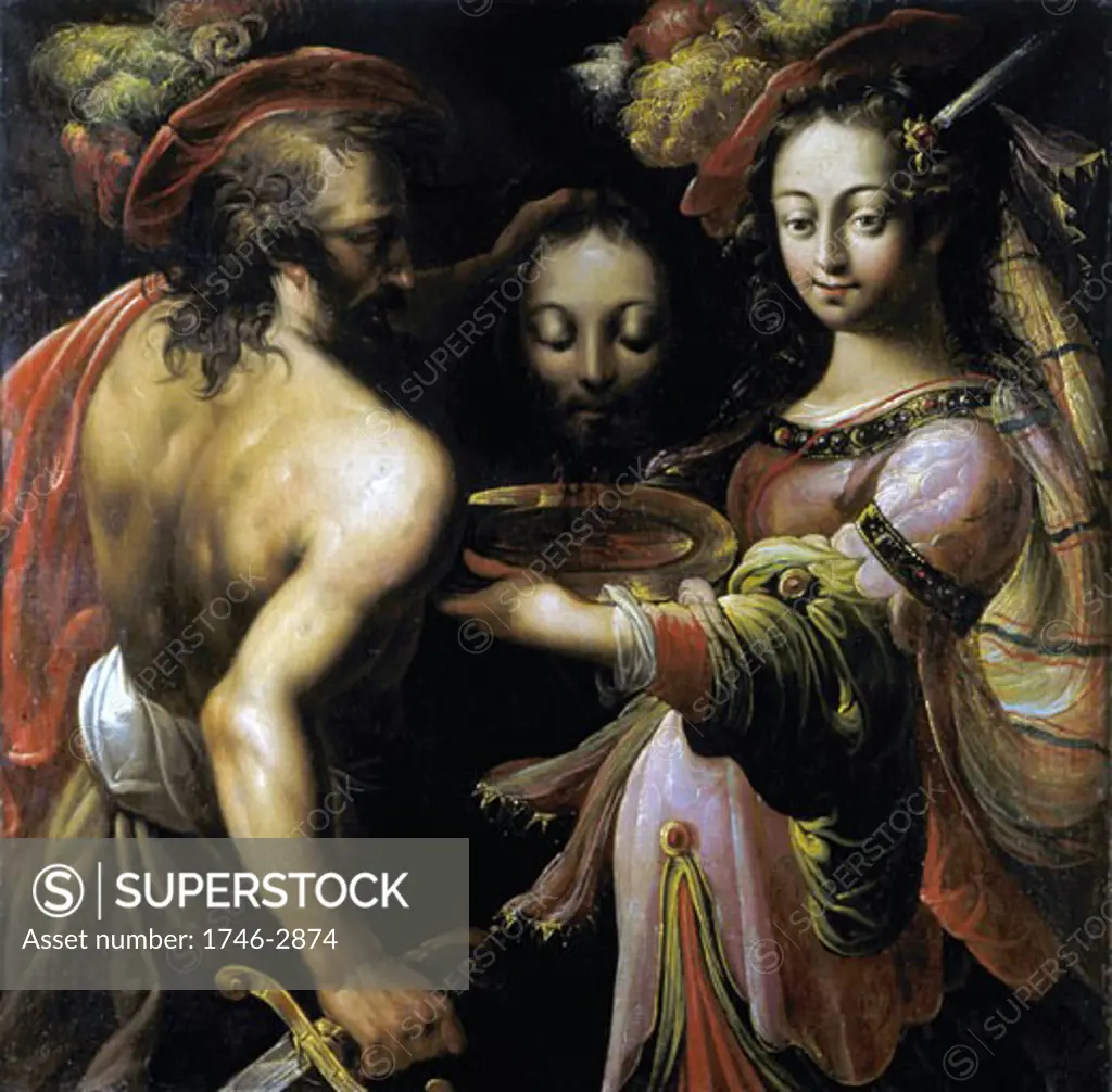 'The Beheading of John the Baptist' Executioner hold up St John's head while Salome holds golden platter ready to receive it. School of Lorraine c1630 Oil on canvas. Private collection