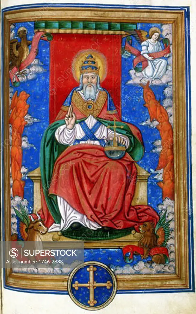 God the Father, 1545. God enthroned, hand raised in blessing. At the corners are the symbols of the four Evangelists: Angel of St Matthew, Lion of St Mark, Eagle of St John, and Ox of St Luke. Miniature from a 16th century French Missal with text of the Lyons liturgy. Private collection.