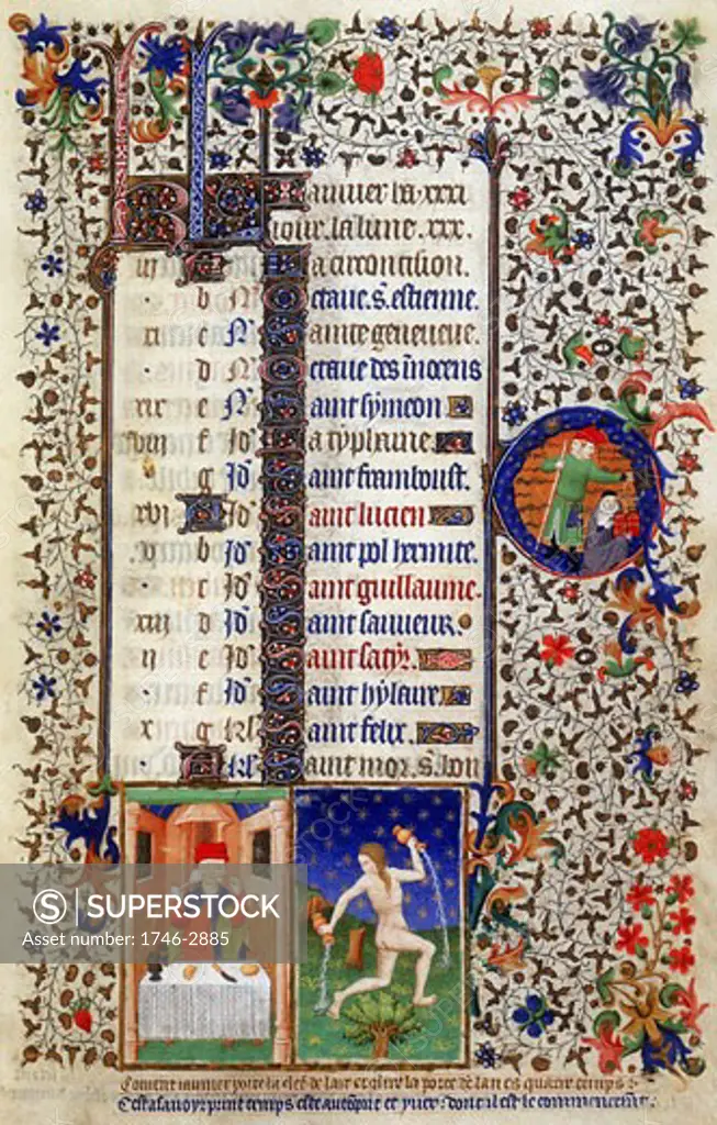 January: Man feasting (Janus). Janus (two-faced Roman god, keeper of the gate of heaven) in roundel on centre left. Astrological sign for Aquarius, the Water Carrier. From Bedford Hours. French c1423. British Library