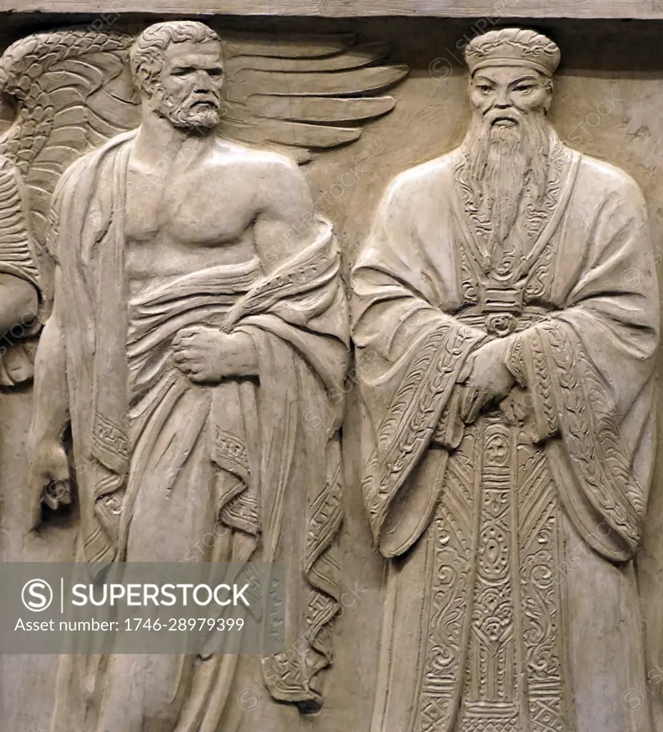 Relief depicting the figure of Draco with Chinese philosopher Confucius. Draco (fl. c. 7th century BC) was the first recorded legislator of Athens in Ancient Greece. US Supreme Court, Washington DC. USA.