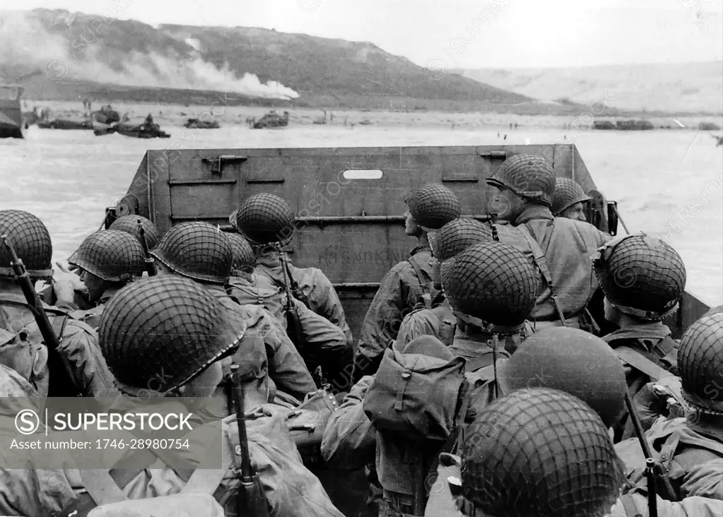 Photograph of American troops approaching Omaha Beach, Normandy, on D-Day. Dated 20th Century