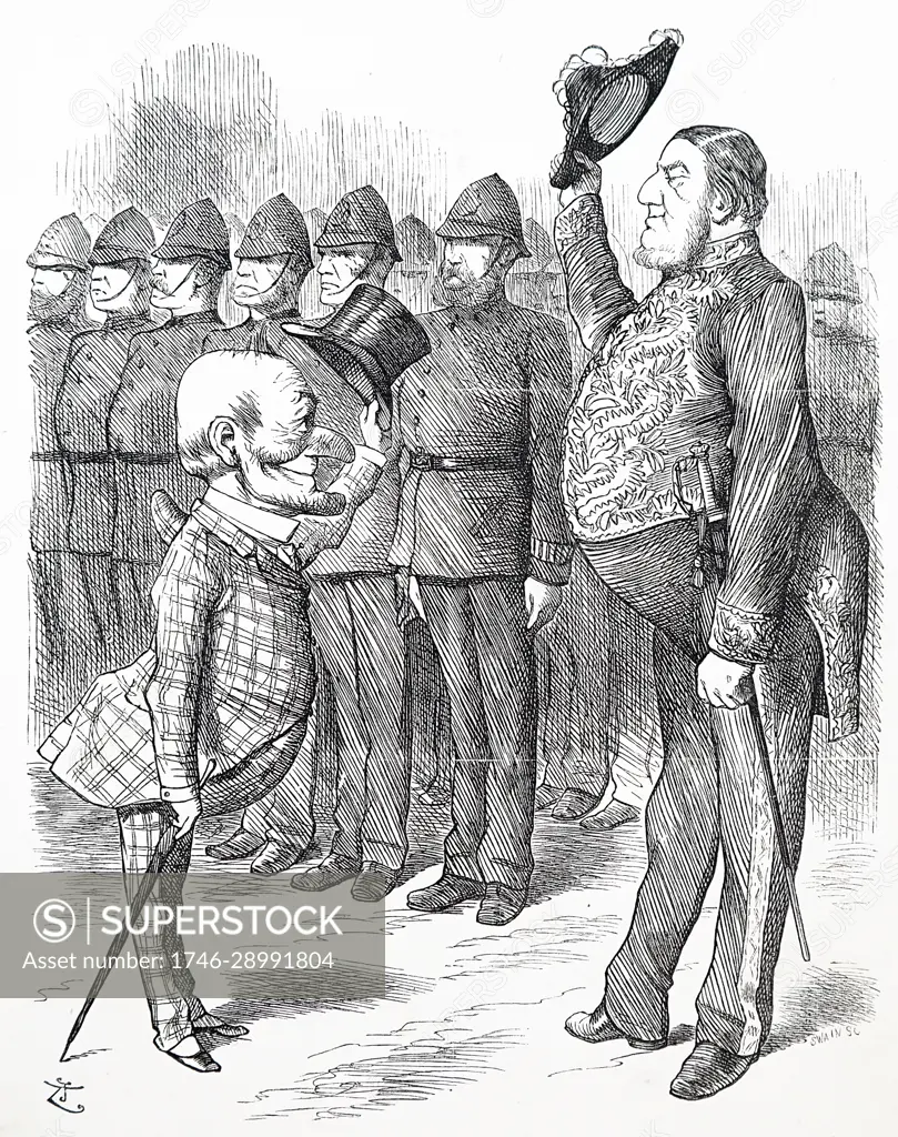 Cartoon depicting Sir William Harcourt (1827-1904) a British lawyer, journalist and Liberal statesman, accepting a salute from Mr Punch. Dated 19th Century