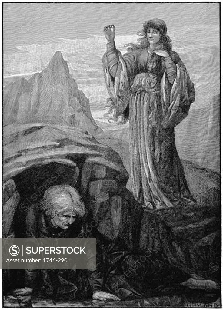 Morgan le Fay casts a spell on Merlin, From Le Morte d'Arthur by Thomas Malory, Engraving after painting by Henry Ryland