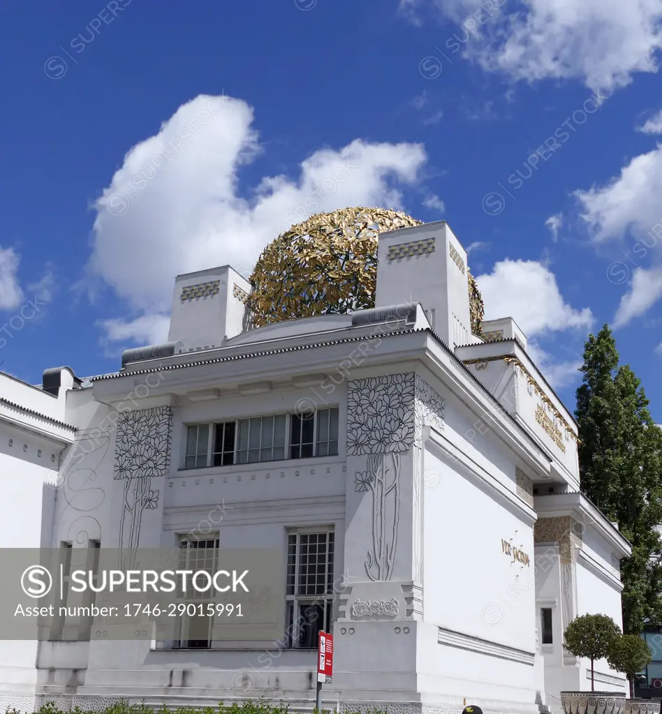 Photograph of the exterior of the Secession Building in Vienna, Austria, built in 1897, by Joseph Maria Olbrich as an architectural manifesto for the Vienna Secession.. The Vienna Secession was an art movement formed in 1897 by a group of Austrian artists who had resigned from the Association of Austrian Artists, housed in the Vienna Künstlerhaus. 