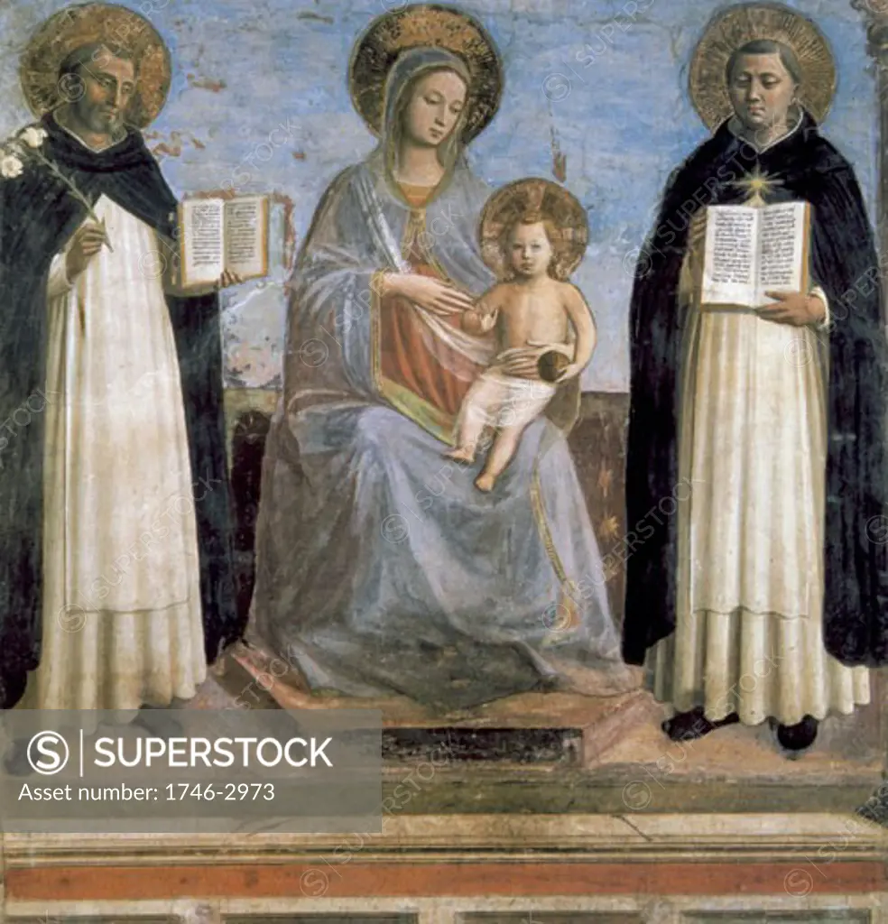 Virgin and Child with St. Antony of Padua (with lily) and St. Thomas Aquinas. Both saints in Dominican habit. Fra Angelico (1400-1455 Italian) Fresco Chapel of Nicholas V, Vatican Palace