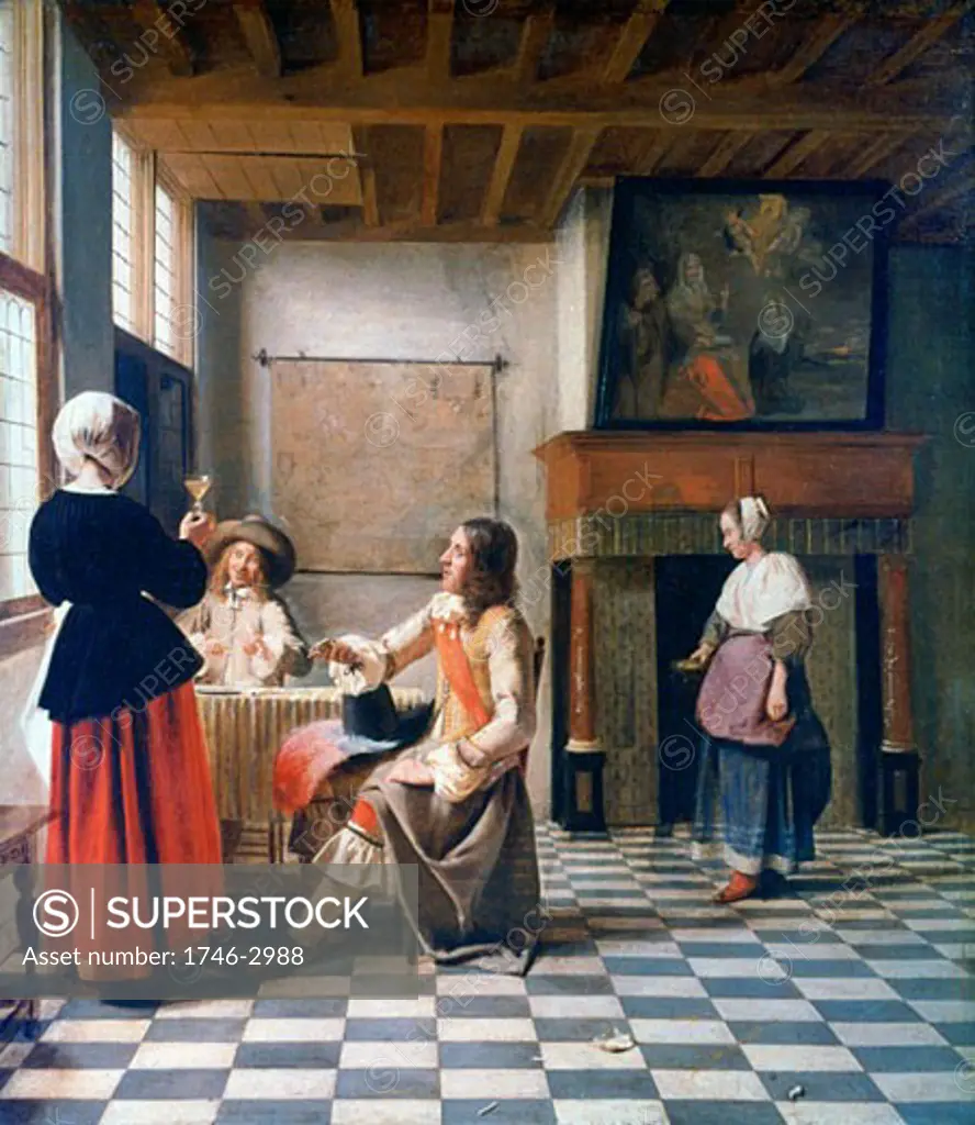 An Interior, with a Woman drinking with Two Men, and a Maidservant, c1658, Pieter de Hooch, (1629-1684/Dutch), Oil on Canvas, National Gallery, London