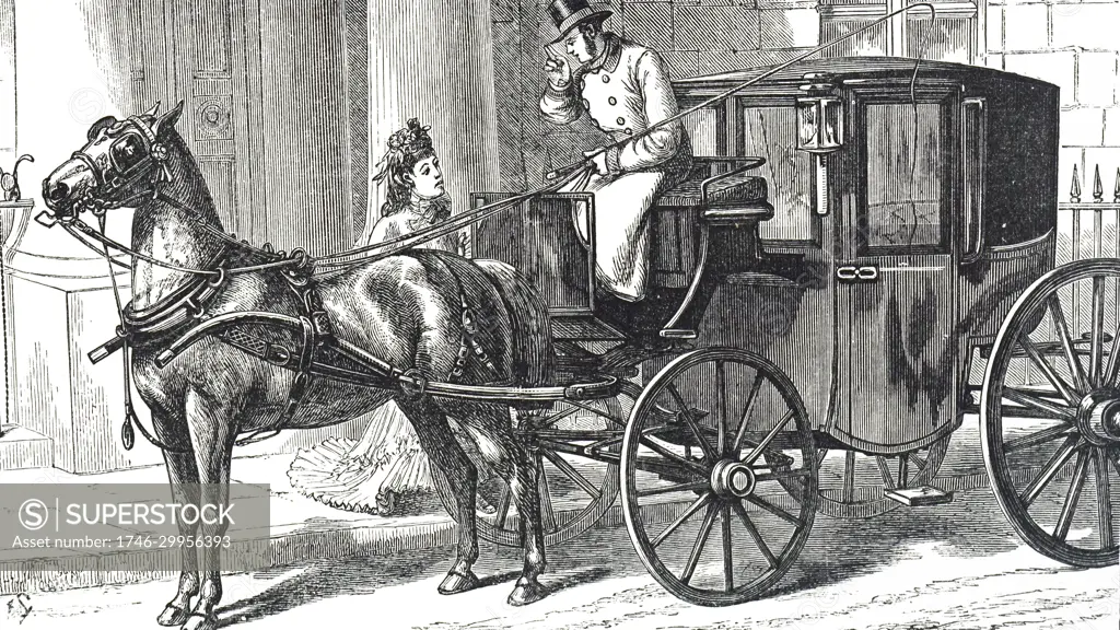 Engraving depicting a brougham, a light, four-wheeled horse-drawn carriage, named after the Scottish jurist Lord Brougham. Dated 19th century