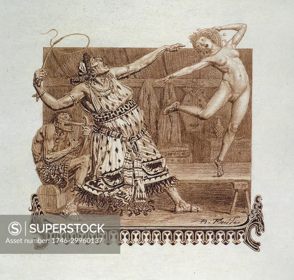 Gothic-style engraving depicting a naked woman being whipped in oriental  clothing. - SuperStock