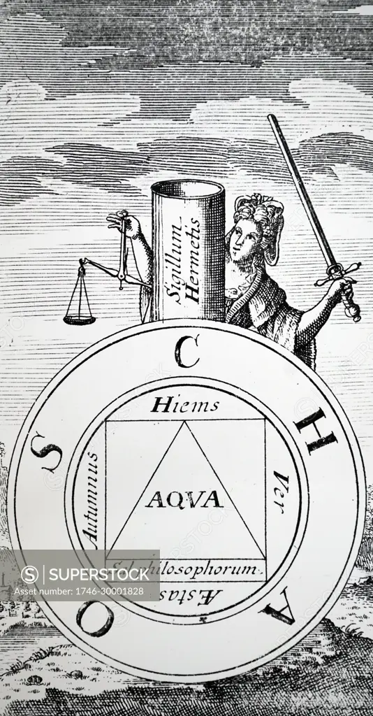 Woodcut engraving depicting the seventh key of Basil Valentine showing the Hermetic Vase (in the shape of a round-bottomed flask) enclosing a chaos which is resolved by sublimation (represented by Libra).
