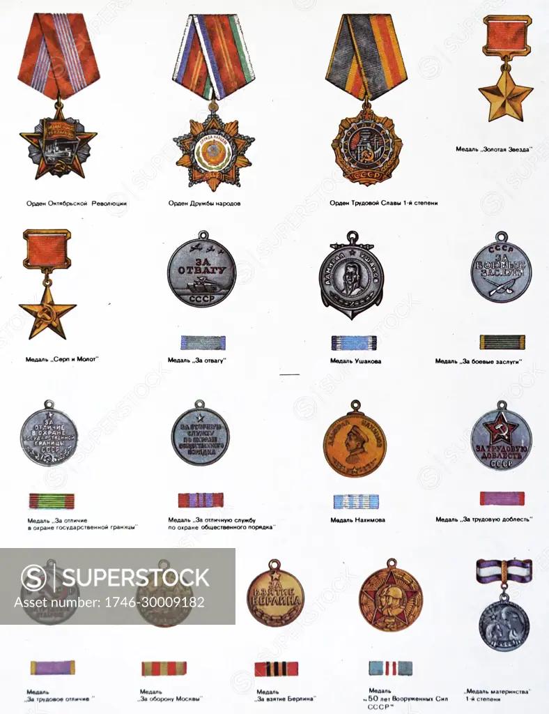 From right to left: October revolution medal; Peoples friendship medal; the first degree Workers glory medal; Golden star medal; Hammer and Sickle medal; For bravery medal; Ushakovs medal; For distinction in battle medal; Distinction in border protection medal; Distinction in protecting public safety; Nakhimovs medal; For labour valour medal; For labour distinction medal; For defense of Moscow medal; For conquest of Berlin medal; 50 years of the U.S.S.R. Defense Forces; The first degree Motherhood medal.