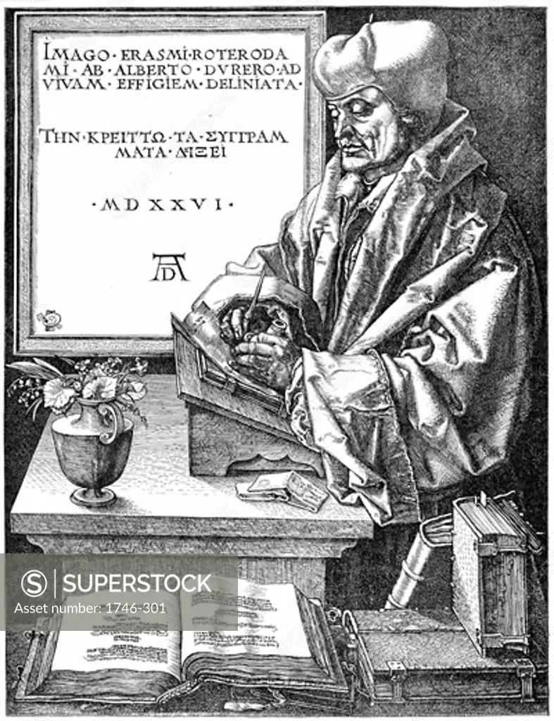 Desiderius Erasmus (1465-1536) Dutch humanist and scholar, using writing slope Engraving