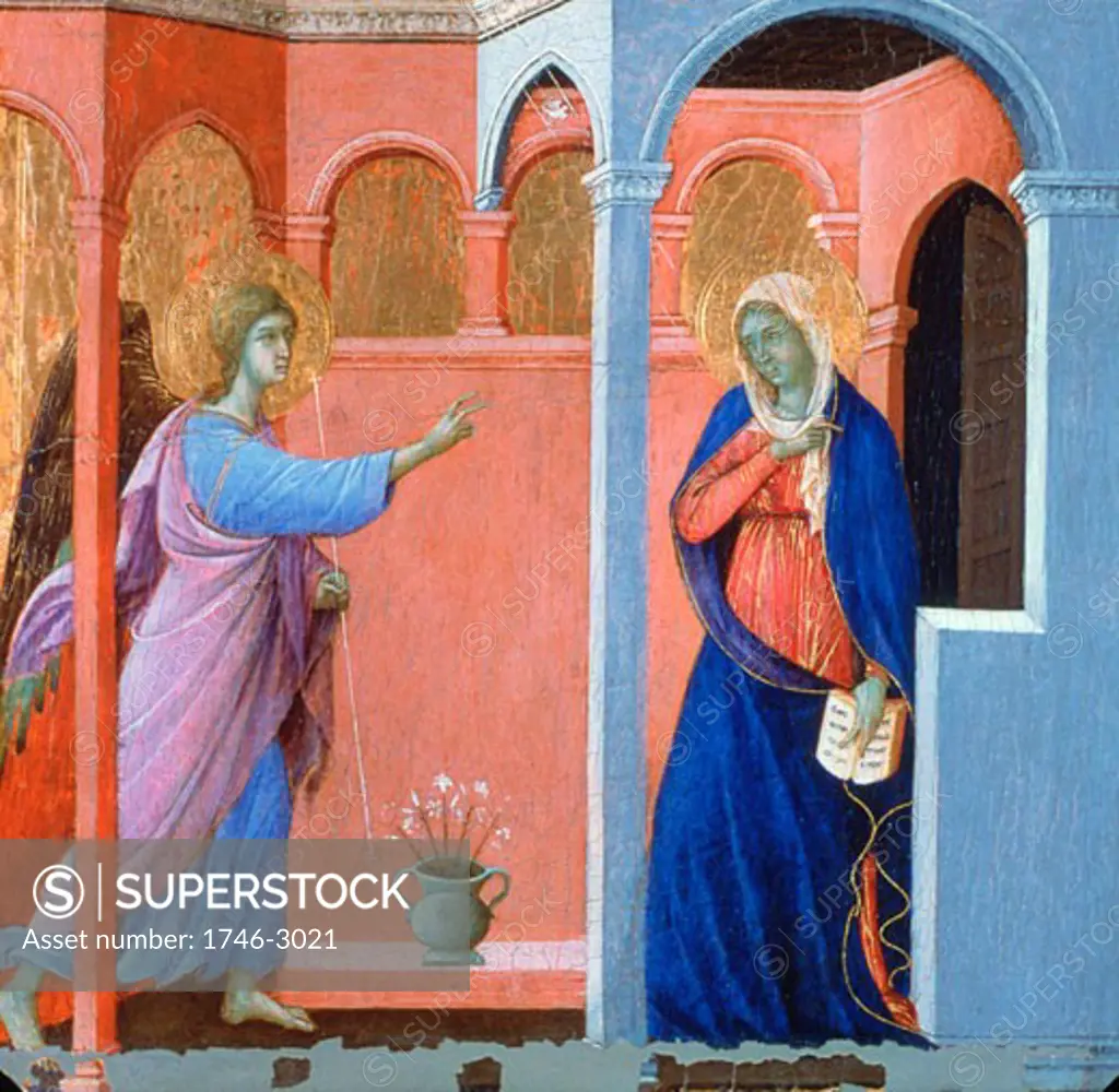 Panel from the Maestà Altarpiece: The Annunciation 1311 Duccio di Buoninsegna (ca.1255-ca.1319 Italian) Egg tempera on poplar National Gallery, London