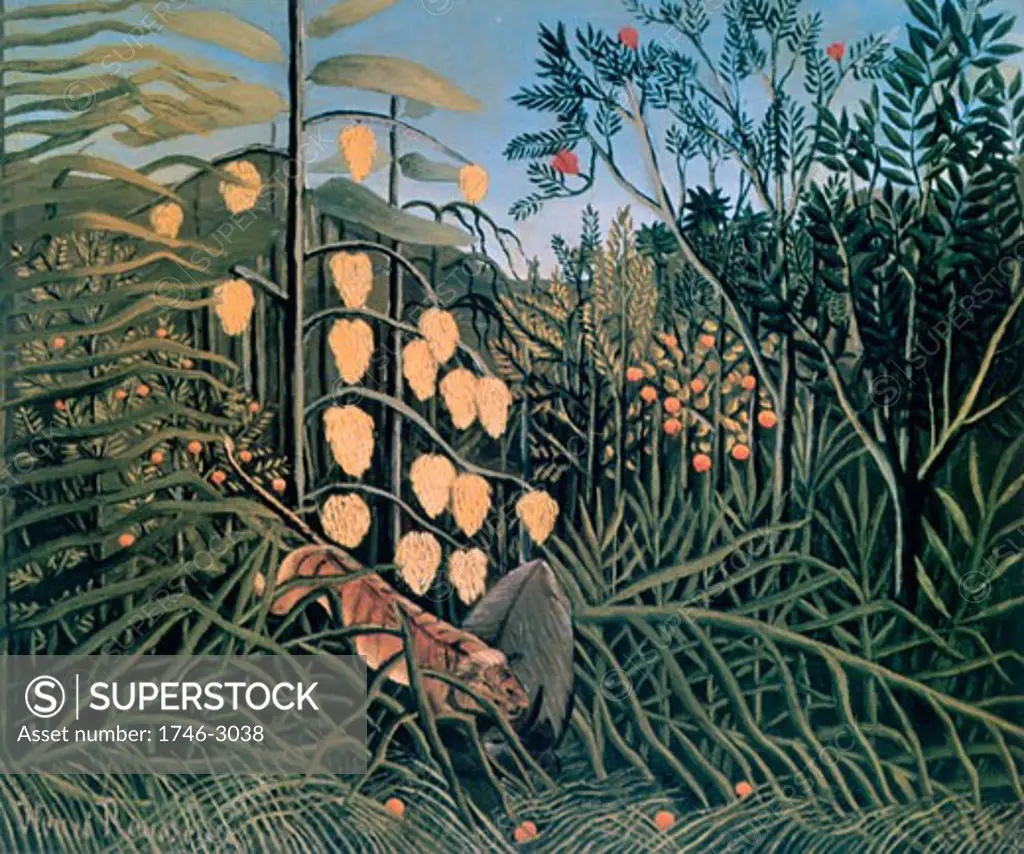 In a Tropical Forest. Struggle between Tiger and Bull, 1908, Henri Rousseau, (1844-1910/French), State Hermitage Museum, St Petersburg, Russia