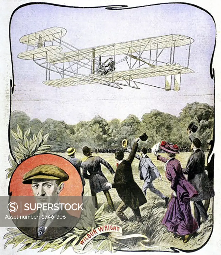 Wilbur Wright's (American aviator) first flight in Europe, at the Hanaudieres racetrack near Le Mans, France in the Wright Brothers' 'Flier'. August 1908., Illustration from Le Petit Journal Paris, 30 August 1908.