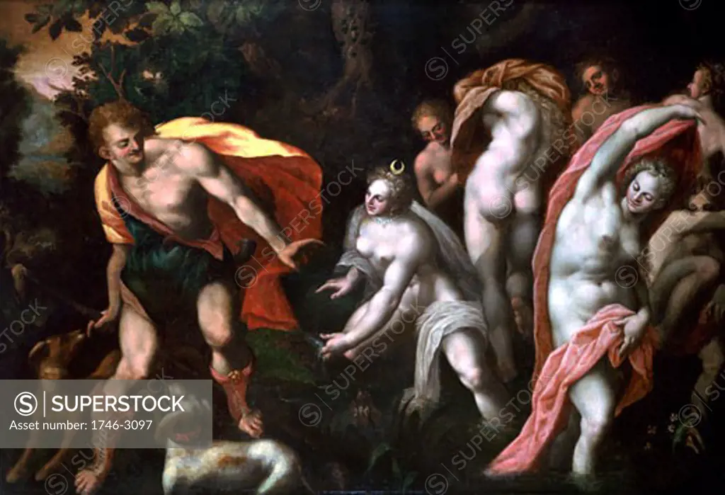 Diane and Acteon', 1564-1609. In Roman mythology, Diana was the virgin goddess of the hunt, the equivalent of the Greek goddess Artemis, Private collection.,