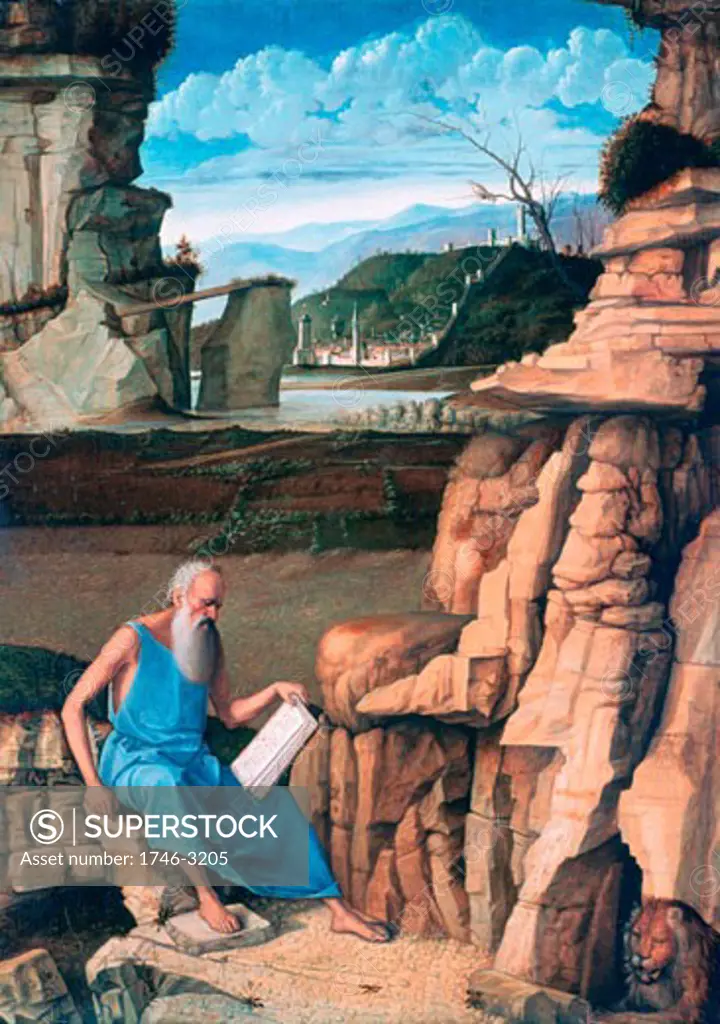 Saint Jerome reading in a Landscape c1480-1485 Giovanni Bellini (ca.1430-1516 Italian) Egg tempera and oil on wood National Gallery, London