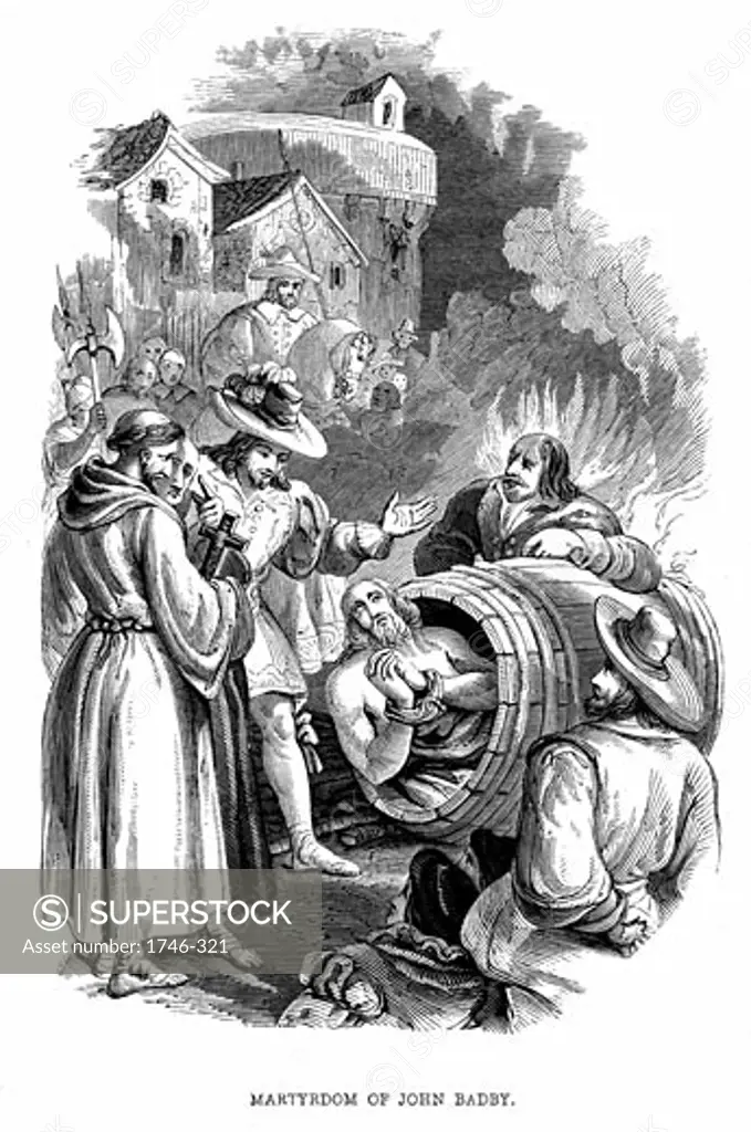 Burning of John Badby (d1410) at Smithfield, London, for heresy. A tailor from Worcester, he was a Lollard and follower of Wycliffe. Denied transubstantiation. 1848 Wood engraving