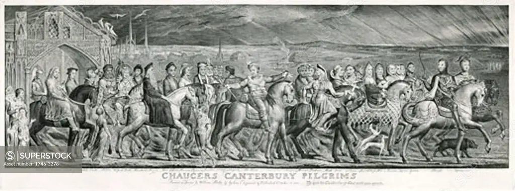 Chaucer's Canterbury Pilgrims' on their journey after a painted fresco by William Blake,  engraving,  1810
