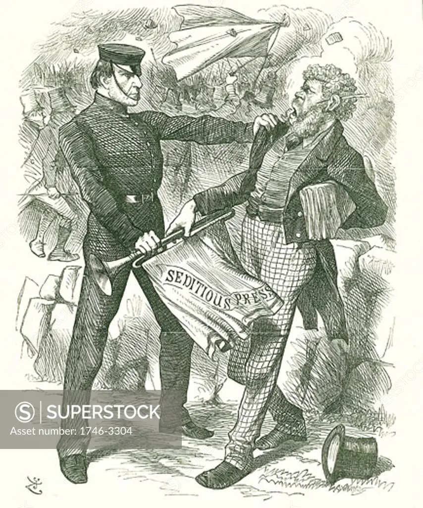 Silencing the Trumpet. (after Aesop) by John Tenniel,  cartoon,  from 'Punch',  9 April 1870