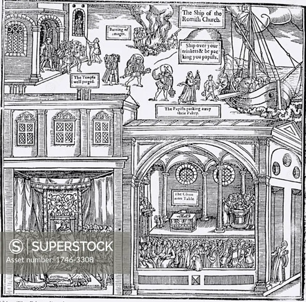 Illustration depicting iconoclasm from the first edition of John Foxe 'The Book of Martyrs',  woodcut,  London 1563