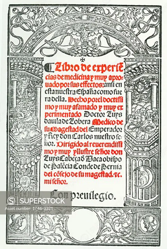 Title page of 'Libro de Experiencias de Medicina' by Luis Lobera de Avila,  Toledo,  1544