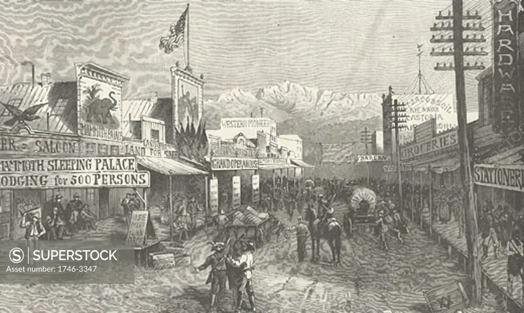 Street scene in an American frontier town,  engraving,  circa 1875