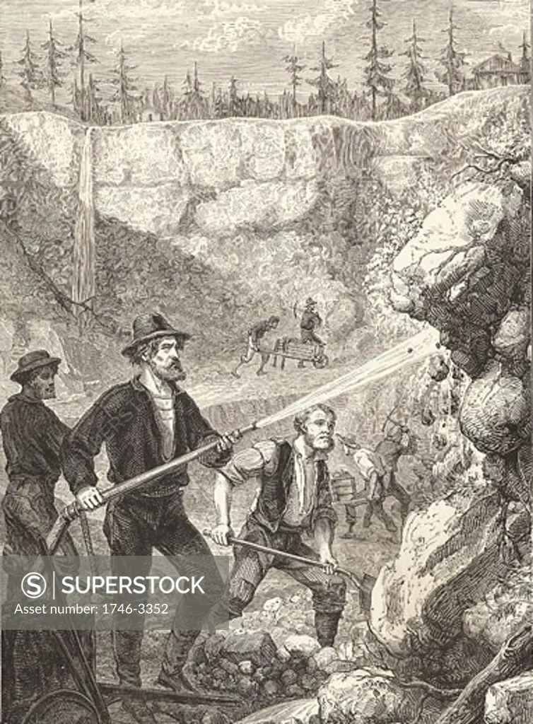 Hydraulic gold mining in California,  engraving,  circa 1875