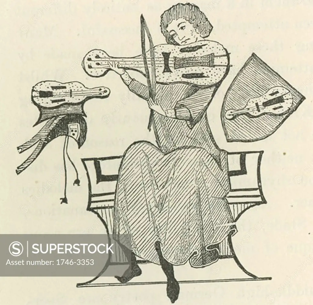 Reinmar of Hagenau or the Elder,  12th century German Minnesinger playing a small stringed instrument,  wood engraving,  after a 13th century manuscript