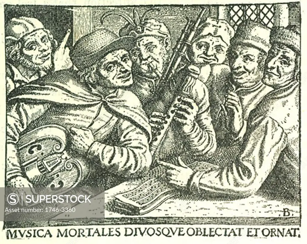 Group of German musicians,  legend reads 'Music delights and adorns both gods and mortals',  engraving,  16th century