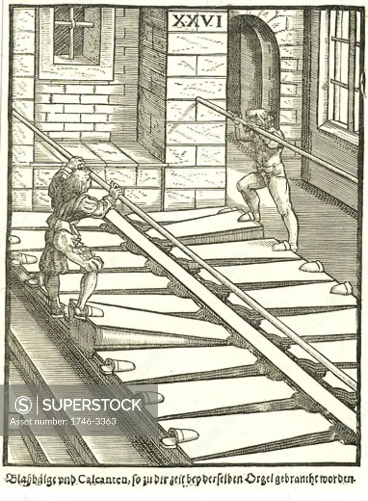 Blowers working the bellow organ by Michael Praetorius from Syntagma Musicum,  woodcut,  161420