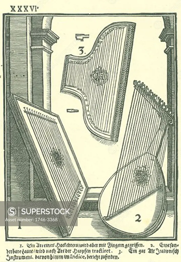 Early Italian stringed instruments by Michael Praetorius from Syntagma Musicum,  woodcut,  161420