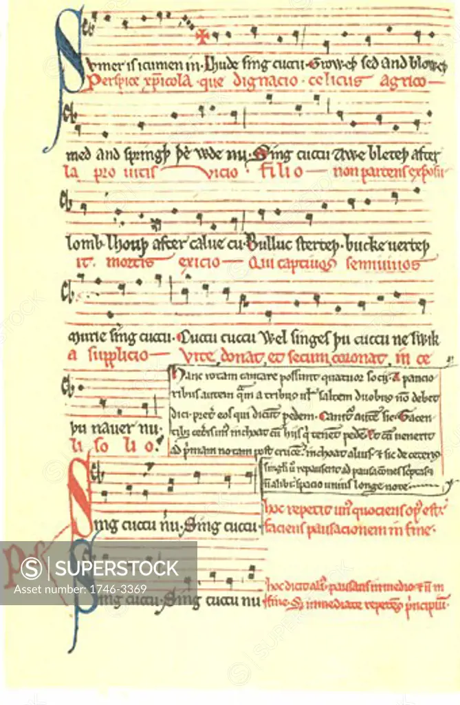 Facsimile of the traditional old Northumbrian round 'Sumer is icumen in',  English manuscript,  Mid-13th century