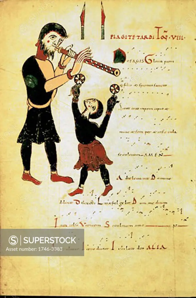 Jongleur and acrobat or juggler,  manuscript,  11th century