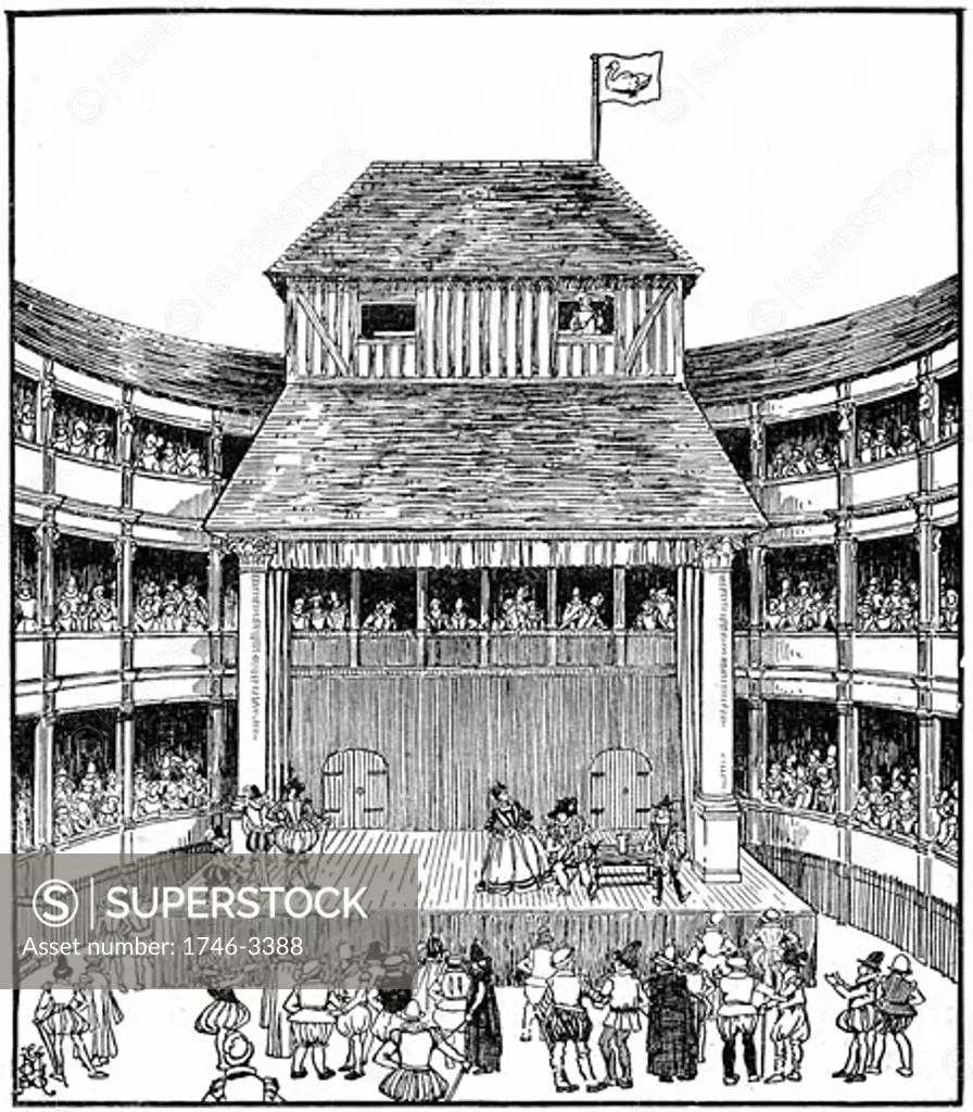 Artist's reconstruction of Theatre of Playhouse in time of Elizabeth I,  woodcut,  16th century