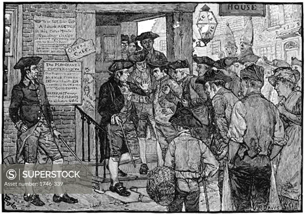Rebellion in America: Boston mob attempting to force government Stamp Officer to resign c. 1773 Wood engraving