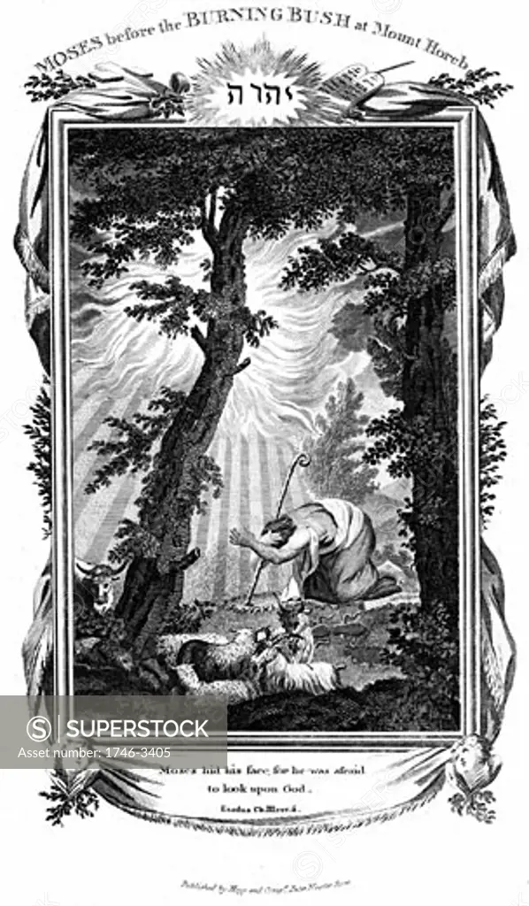 Moses hiding his face,  unable to look upon the face of God,  Old Testament,  engraving,  1808,  19th century