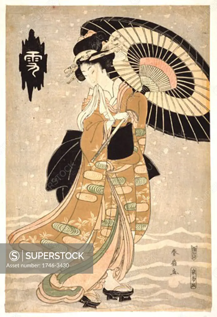 Young woman with parasol in falling snow from the series Snow,  Moon and Flowers by Katsukawa Shunsen,  c1762-1830,  colored woodblock print,  circa 1812