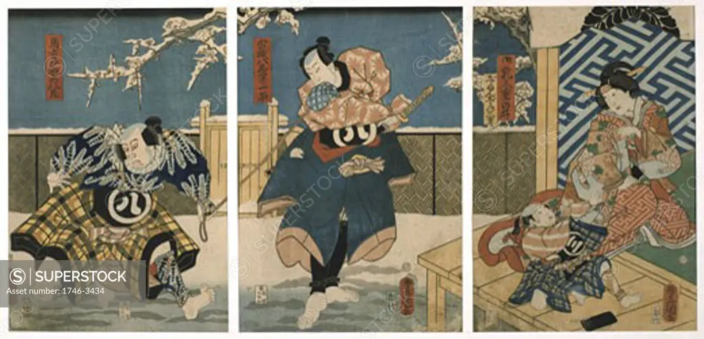 Scene from Kabuki theatre performance by Utagawa Kunisada,  1786-1864,  triptych,  colored woodblock print