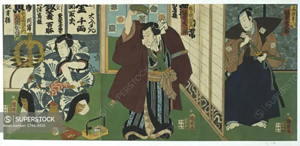 Scene from Kabuki theatre performance by Utagawa Kunisada,  1786-1864,  colored woodblock print