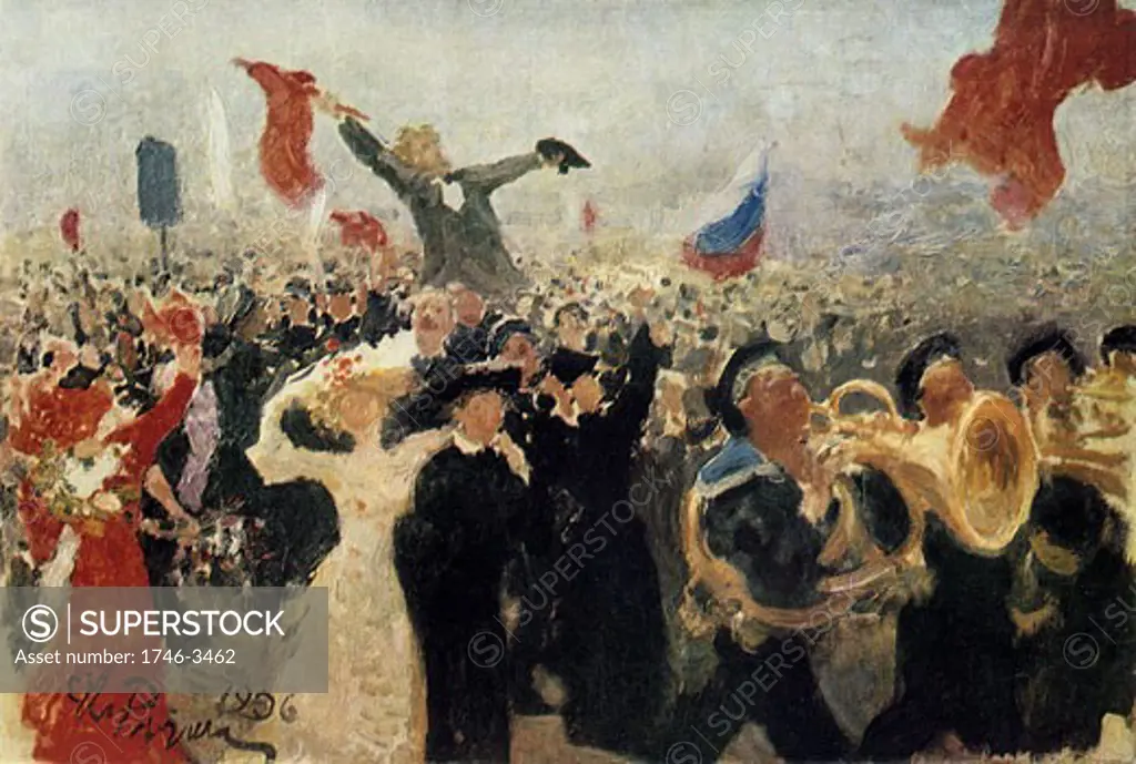 Demonstration of 17 October 1905,  crowd reaction to Nicholas IIs Manifesto on the Improvement of the State Order by Ilya Repin,  1844-1930 Russian