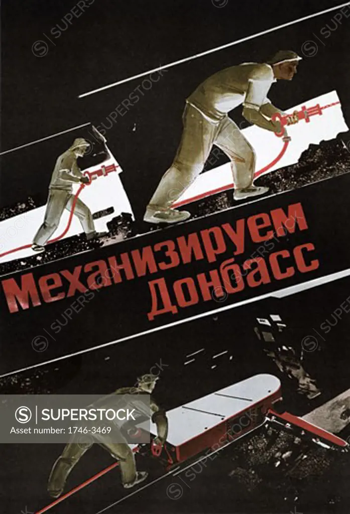 Russian coal miners working underground,  poster,  circa 1930