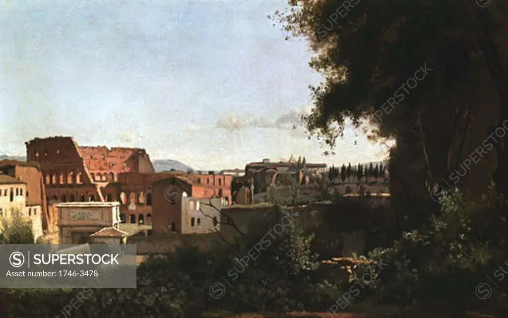 The Coliseum seen from the Farnese Gardens by Jean Baptiste Camille Corot,  1796-1875 French,  1826