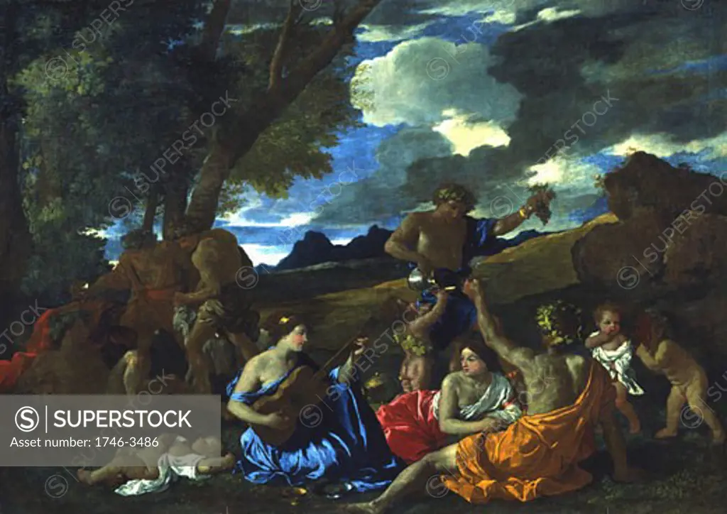 Andrians or The Great Bacchanal with Woman Playing Lute by Nicolas Poussin,  1594-1665 French,  oil on canvas,  1628