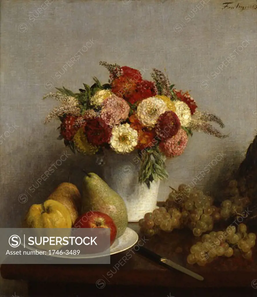 Still life with Flowers and Fruit by Henri Fantin-Latour,  1836-1904 French,  oil on canvas,  1865