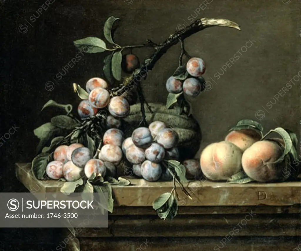 Plums,  Melon and Peaches on Marble Table by Pierre Dupuis,  1610-1682