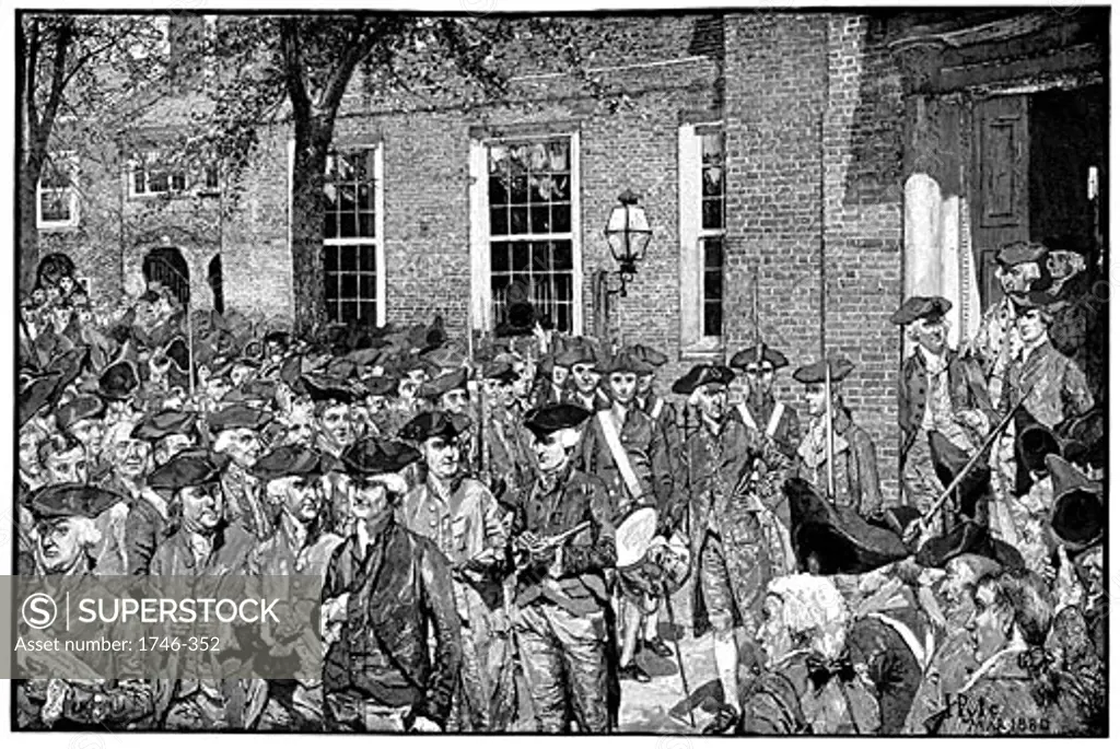 First Public Reading of the Declaration of Independence. Passed by Congress in Philadelphia, 2 July, 1776, adopted on 4 July. Engraving from "Harper's Weekly", 1880. Engraving.
