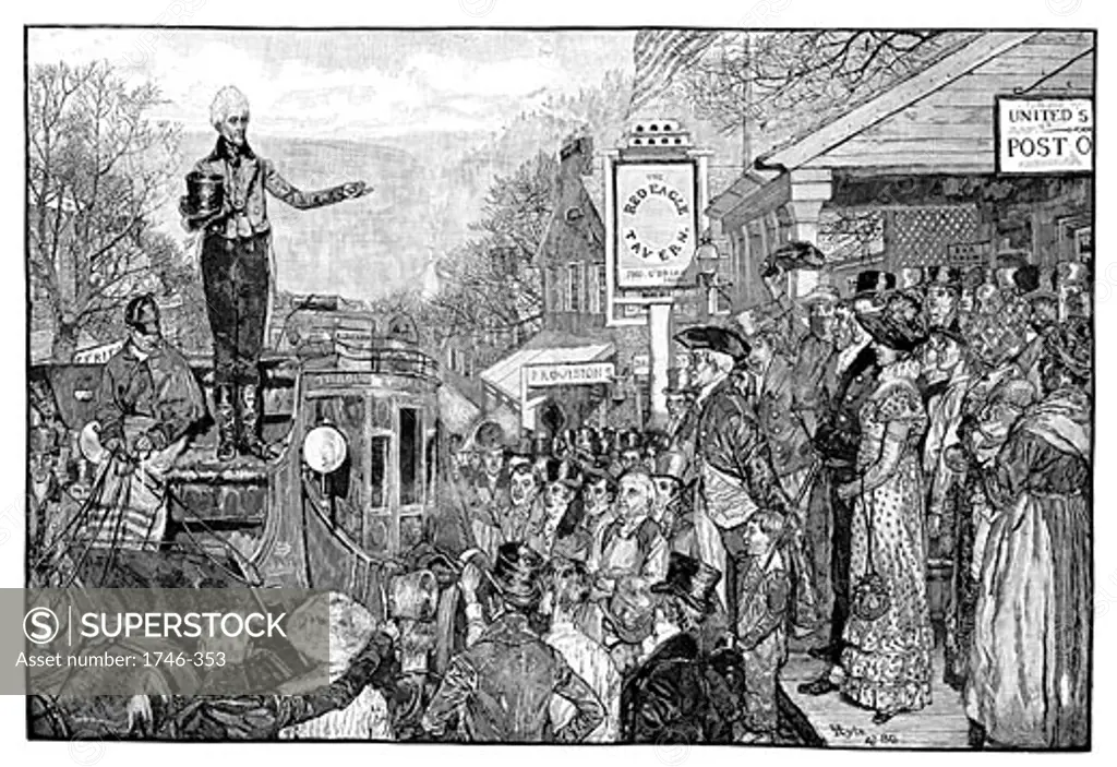 Andrew Jackson (1767-1845), 7th president of the USA, As President-elect delivering a speech from the driver's seat of his coach on his journey to Washington, 1828 Engraving from 'Harper's Weekly', 1881